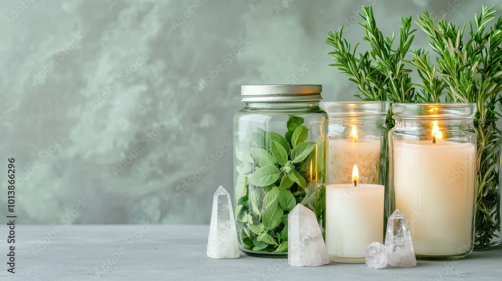 Healing herbs in glass jars with candles and crystals, natural remedy station, Natural healing Healing herbs in glass jars with candles and crystals, natural remedy station, Natural healing