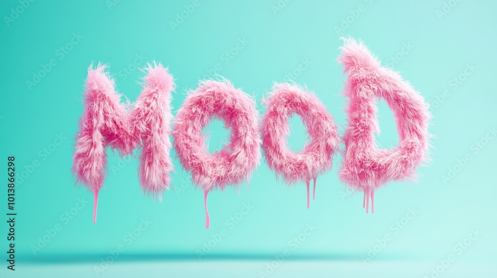 Furry pink 'mood' text on cyan background, playful expression concept Furry pink 'mood' text on cyan background, playful expression concept