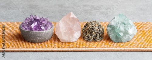 Crystals and dried herbs on a meditation mat, natural healing tools, Natural healing photo