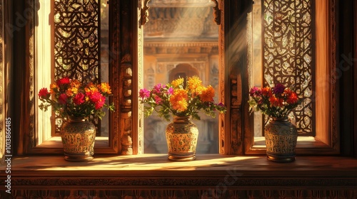 Flower vases on an Indian-style balcony window, with warm sunlight streaming through ornate wooden frames, reflecting cultural elegance.