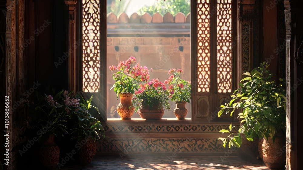 Indian balcony window with flower vases, with light streaming through, casting delicate patterns and enhancing the traditional beauty. Indian balcony window with flower vases, with light streaming through, casting delicate patterns and enhancing the traditional beauty.