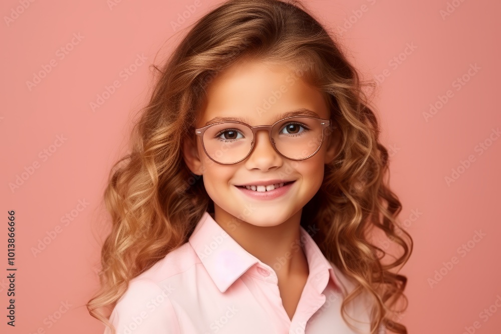 Portrait of a smiling little girl in glasses over pink background. Portrait of a smiling little girl in glasses over pink background.