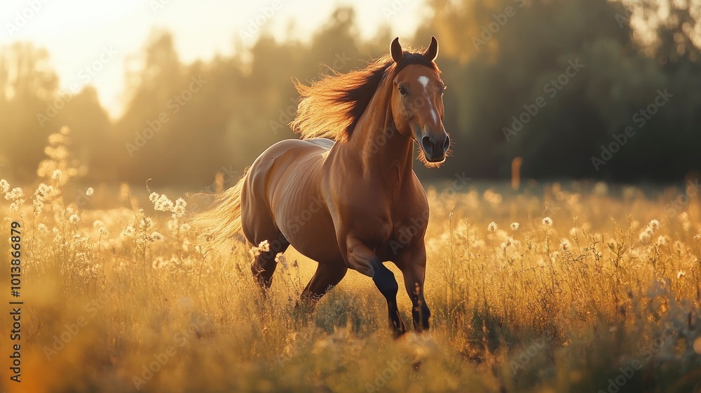 A majestic horse galloping through a sunlit meadow, its mane flowing in the breeze A majestic horse galloping through a sunlit meadow, its mane flowing in the breeze