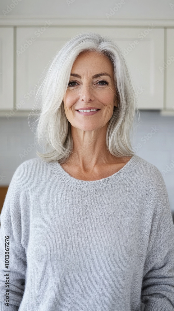Smiling mature woman with long gray hair in a cozy kitchen environment during daylight Smiling mature woman with long gray hair in a cozy kitchen environment during daylight