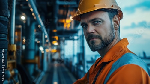 Offshore oil rig worker looking over shoulder wearing coveralls and hard hat