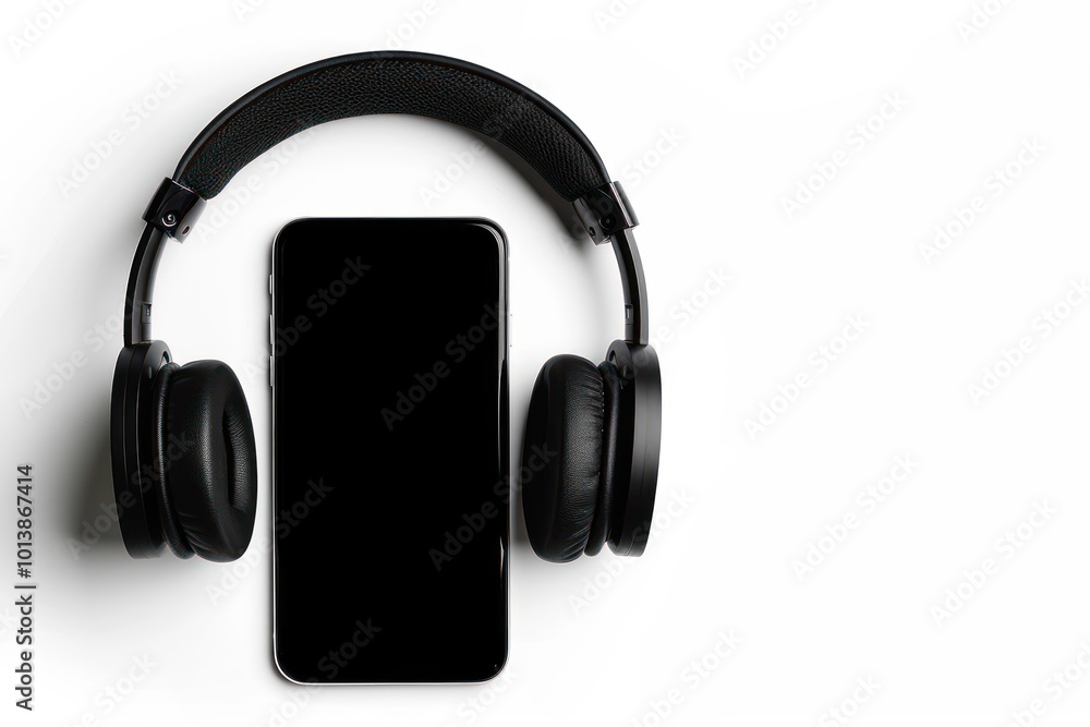 Smartphone placed between wireless headphones on a white background. Studio photography. Smartphone placed between wireless headphones on a white background. Studio photography.