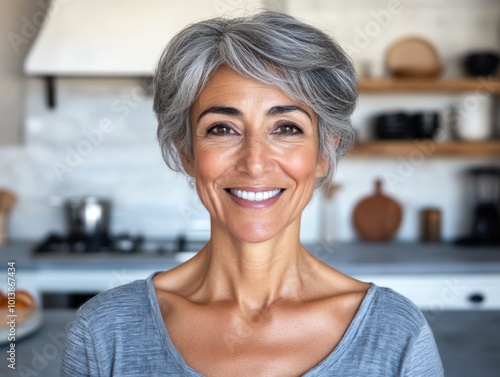 Smiling woman with gray hair in a modern kitchen at home enjoying a sunny day