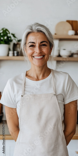 Smiling woman in apron stands in a cozy kitchen surrounded by plants and kitchenware