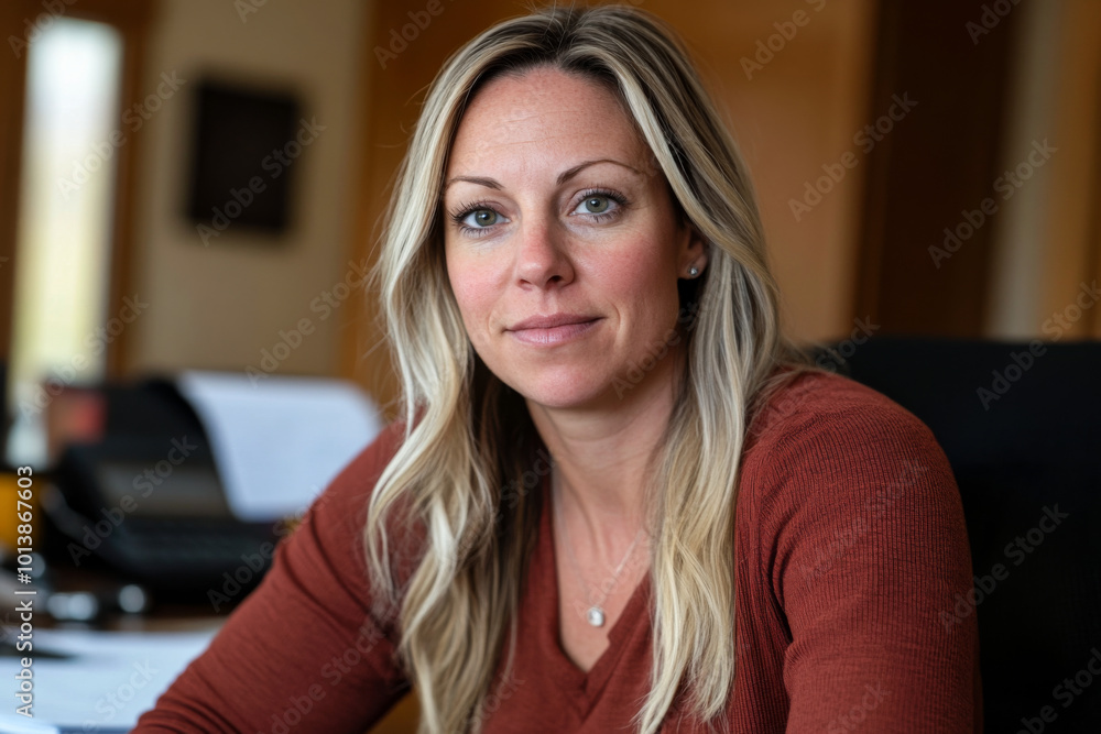 A woman with blonde hair sits confidently at her desk in a cozy office setting during the day A woman with blonde hair sits confidently at her desk in a cozy office setting during the day