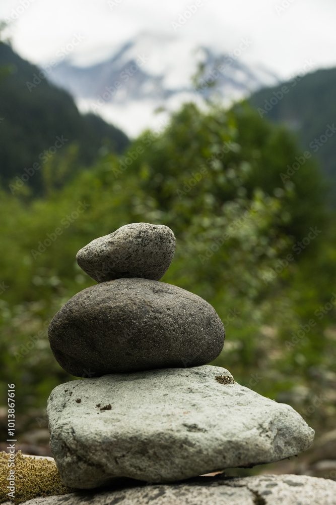 Stack of Rocks Makes Cairn for Navigating through Washout Area on the Wonderland Trail Stack of Rocks Makes Cairn for Navigating through Washout Area on the Wonderland Trail
