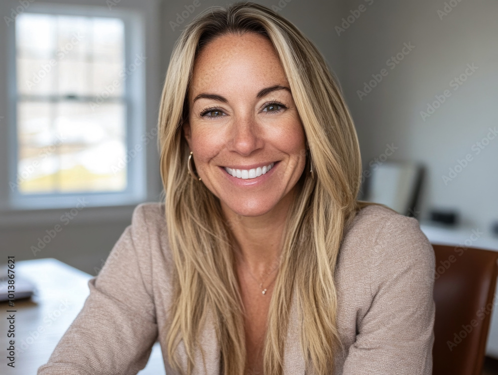 Smiling woman in a professional setting with natural light and a warm atmosphere Smiling woman in a professional setting with natural light and a warm atmosphere
