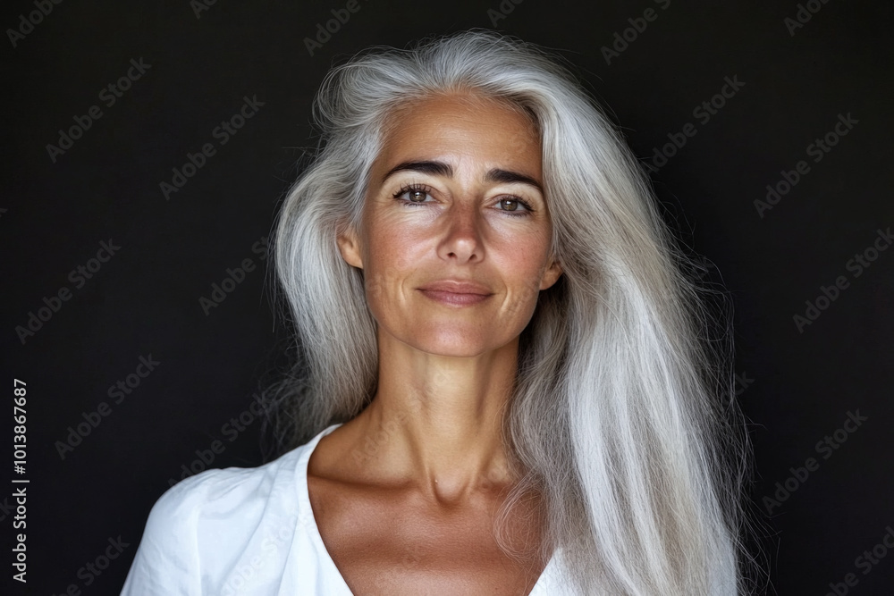 A serene woman with flowing gray hair poses against a dark background in natural light A serene woman with flowing gray hair poses against a dark background in natural light