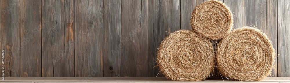 Three round hay bales stacked against a rustic wooden wall, showcasing natural textures and agricultural simplicity. Three round hay bales stacked against a rustic wooden wall, showcasing natural textures and agricultural simplicity.