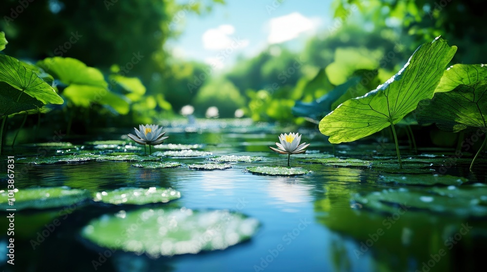 A serene lily pond surrounded by large green leaves, reflecting a clear blue sky A serene lily pond surrounded by large green leaves, reflecting a clear blue sky