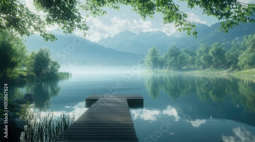 A serene lakeside scene with a small dock and gently rippling water, offering a moment of reflection and calm