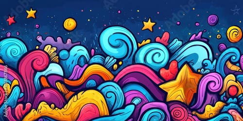 Abstract colorful hand drawn doodle pattern with stars and swirls on blue background.