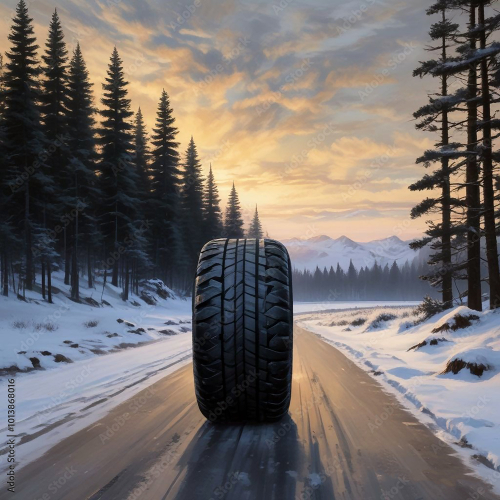 One large tire on frozen road with little snow on asphalt and wild landscape with pine tree. On tire there are snow and ice. One large tire on frozen road with little snow on asphalt and wild landscape with pine tree. On tire there are snow and ice.