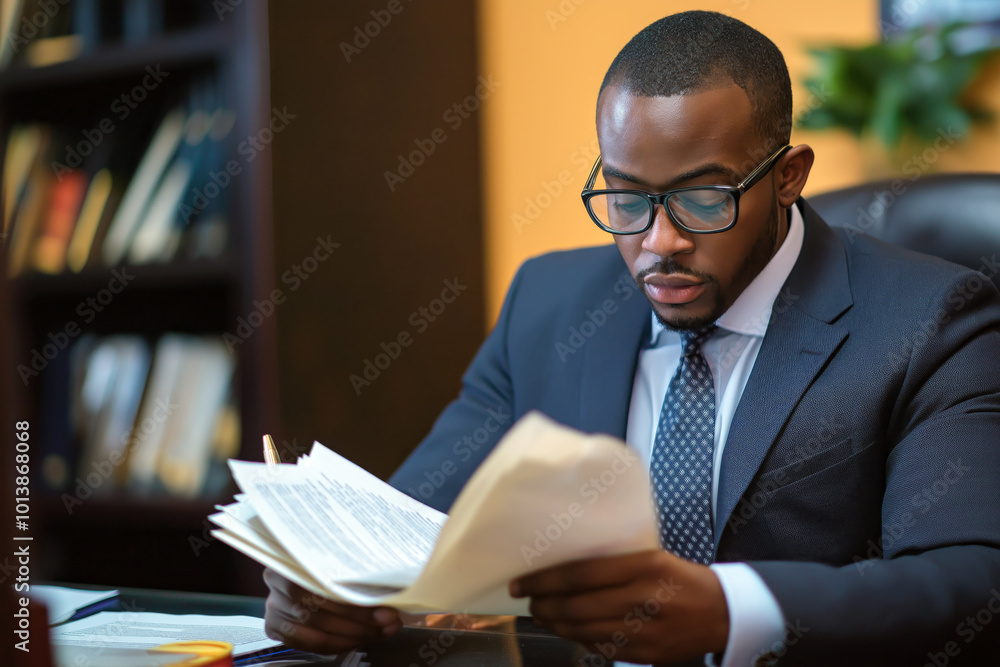 Africa-American male attorney in a sleek office, reviewing legal documents with a serious expression. Africa-American male attorney in a sleek office, reviewing legal documents with a serious expression.