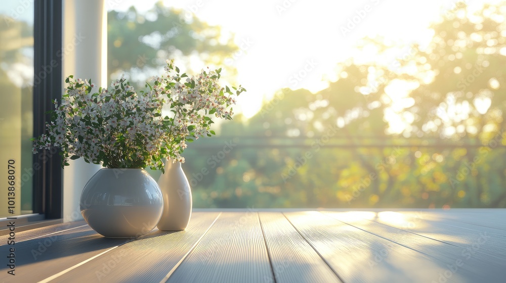 Fototapeta premium Minimalist balcony window with soft sunlight highlighting a few understated flower vases, creating a calm and peaceful space.