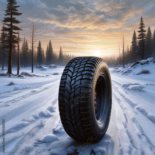 One large tire on frozen road with little snow on asphalt and wild landscape with pine tree. On tire there are snow and ice.