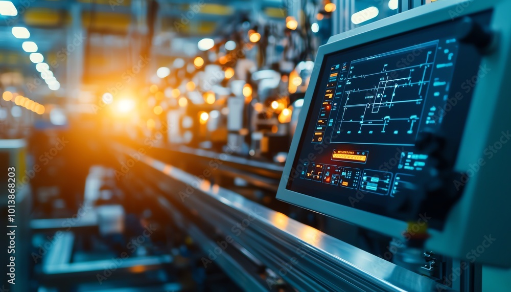 Close-up of a modern industrial control panel displaying data in a factory setting with warm light in the background. Close-up of a modern industrial control panel displaying data in a factory setting with warm light in the background.