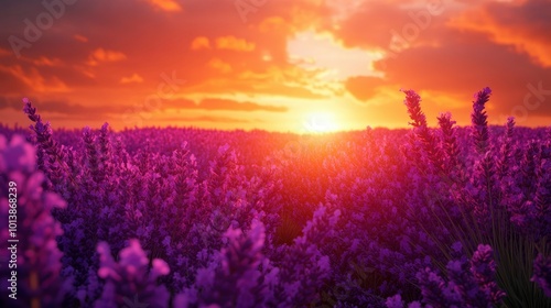 A vibrant field of blooming lavender stretching to the horizon, under a golden sunset sky