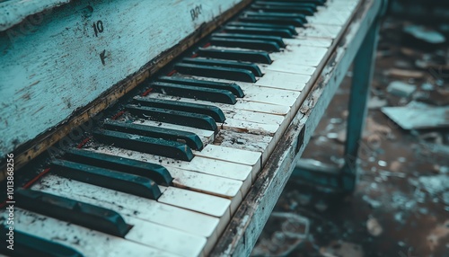 Close-up of vintage piano keys with a worn and rustic appearance, evoking a sense of nostalgia and musical history. photo