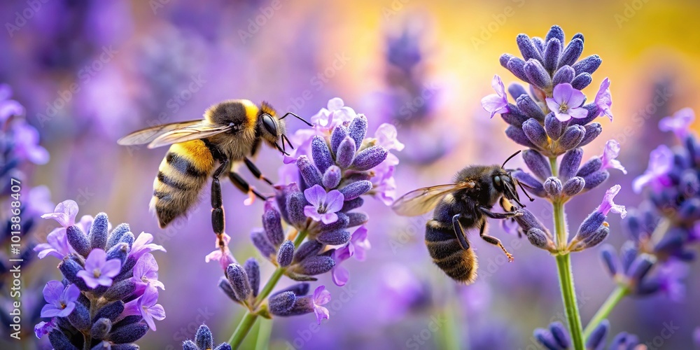 Beautiful black bee Xylocopa violacea pollinating lavender flowers with a blurred background, showing depth of field. Beautiful black bee Xylocopa violacea pollinating lavender flowers with a blurred background, showing depth of field.