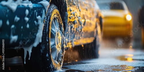 washing car - carwash concept with soapy water on automobile photo