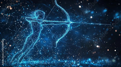 A mystical digital archer is about to release their energy into the cosmos, with an intense starry backdrop, representing creativity and cosmic flow.