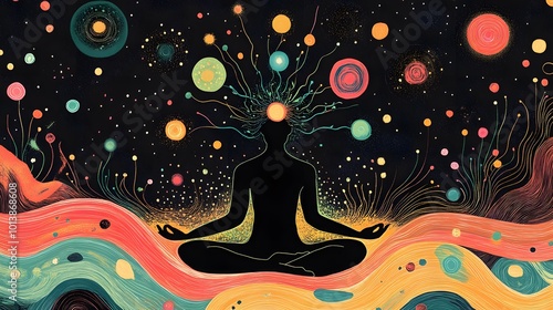 Illustration of higher yoga relaxation, featuring DMT visions and spirit imagery photo