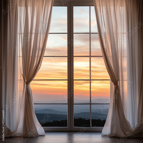 A stunning sunset view through a large window with flowing curtains  showcasing beautiful colors and serene landscapes.