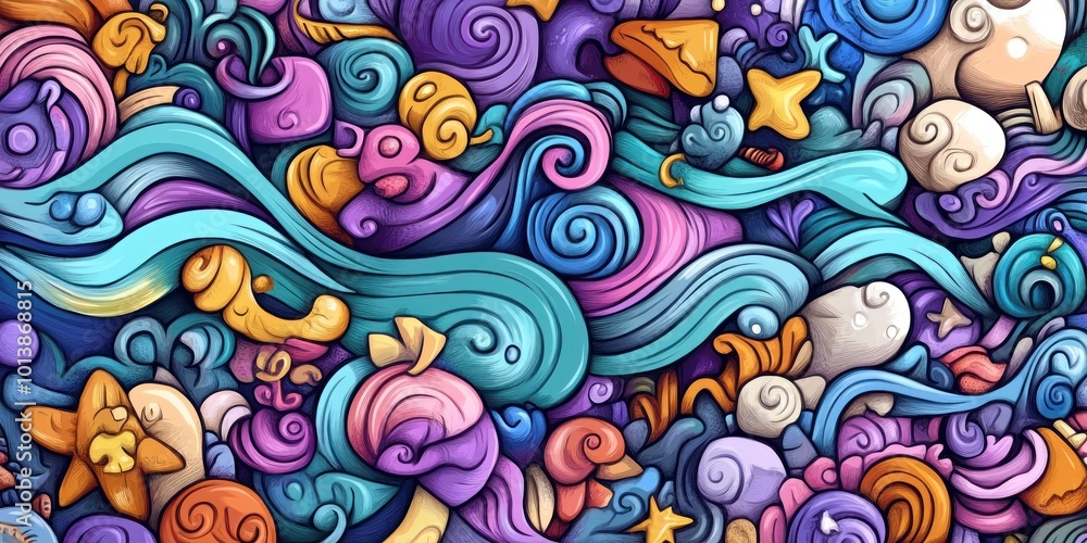 Colorful abstract doodle background with waves, swirls, and stars. Colorful abstract doodle background with waves, swirls, and stars.