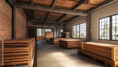 Spacious interior of a modern warehouse with wooden pallets and large windows, showcasing industrial design and natural light.