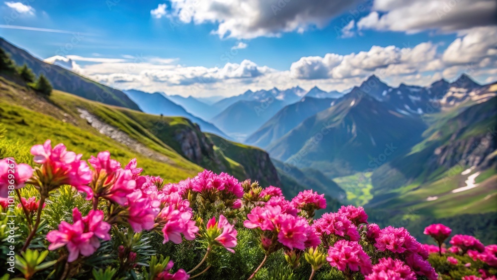 Fototapeta premium Beautiful pink flowers reflecting in high altitude mountain lakes