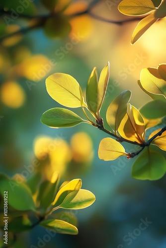 Close up of vibrant yellow leaves in sunlight, delicate foliage, soft focus, nature background