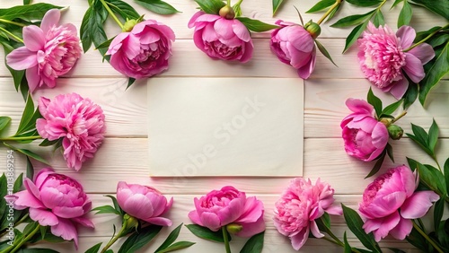 Fototapeta Naklejka Na Ścianę i Meble -  Beautiful pink peonies and green leaves frame with blank paper from a wide-angle perspective