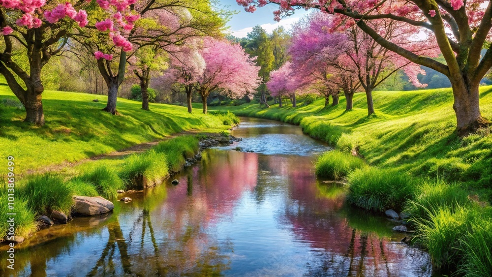 Beautiful stream with pink flowers, grass, trees, and natural landscape
