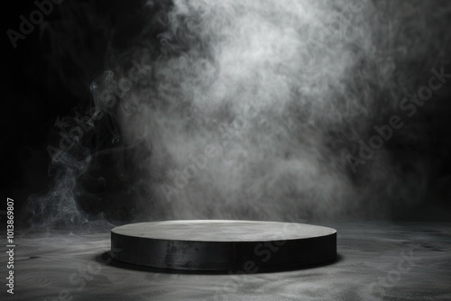 Dark round podium surrounded by rising smoke on a black background. Product presentation concept.