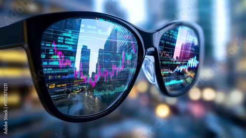 Augmented reality glasses revealing a high-tech financial district, digital market data and graphs overlaying real-world environments, selective focus on foreground, ultra HD,