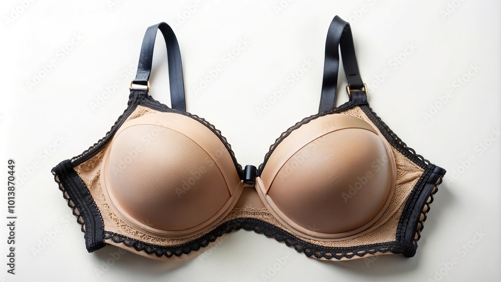 Beige bra with black inserts on a white background
