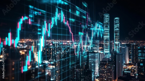 Crystal-clear holographic financial charts floating above a neon-lit skyline, intense trading activity reflected in the city lights, selective focus on foreground, ultra HD,