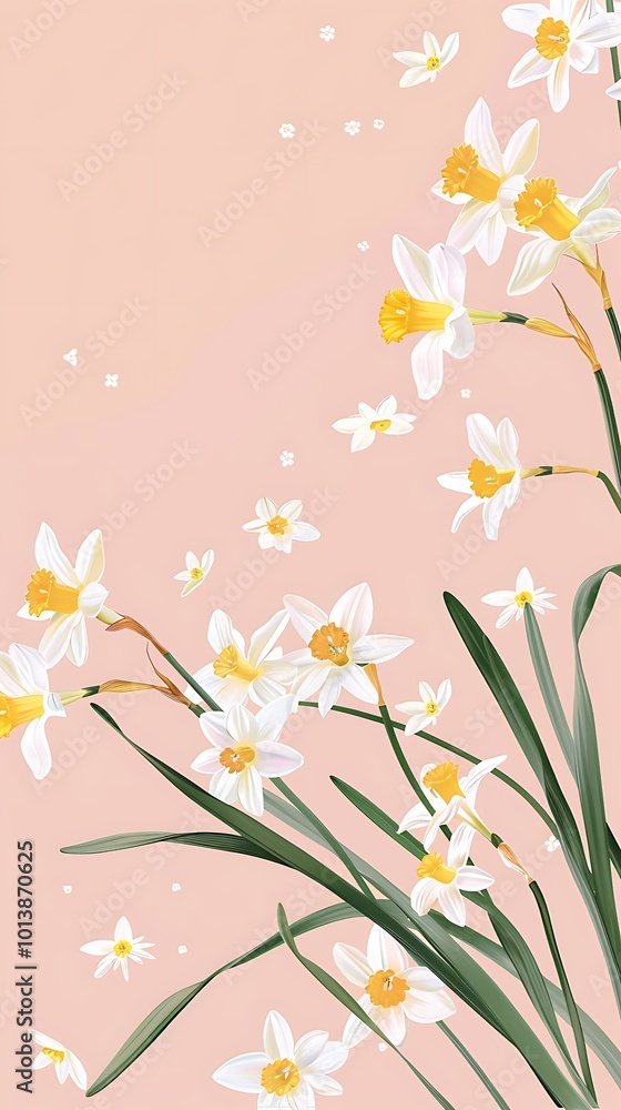 Solid light pink background with a bunch of daffodils motif in the center Solid light pink background with a bunch of daffodils motif in the center