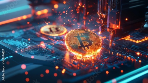 A futuristic coin minting process with glowing cybernetic machines, producing radiant cryptocurrency coins amidst neon sparks, selective focus on foreground, ultra HD,