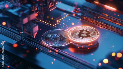 A futuristic coin minting process with glowing cybernetic machines, producing radiant cryptocurrency coins amidst neon sparks, selective focus on foreground, ultra HD,