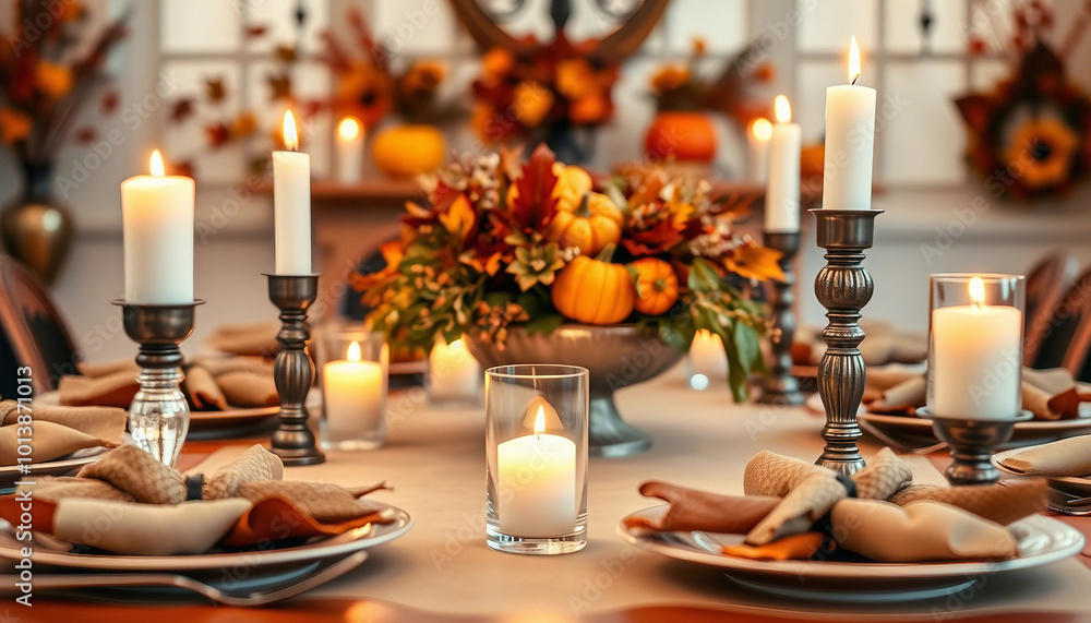 A beautifully arranged Thanksgiving table features pumpkins, candles, and autumn leaves, creating a warm and inviting atmosphere perfect for holiday celebrations and family gatherings.
A beautifully arranged Thanksgiving table features pumpkins, candles, and autumn leaves, creating a warm and inviting atmosphere perfect for holiday celebrations and family gatherings.