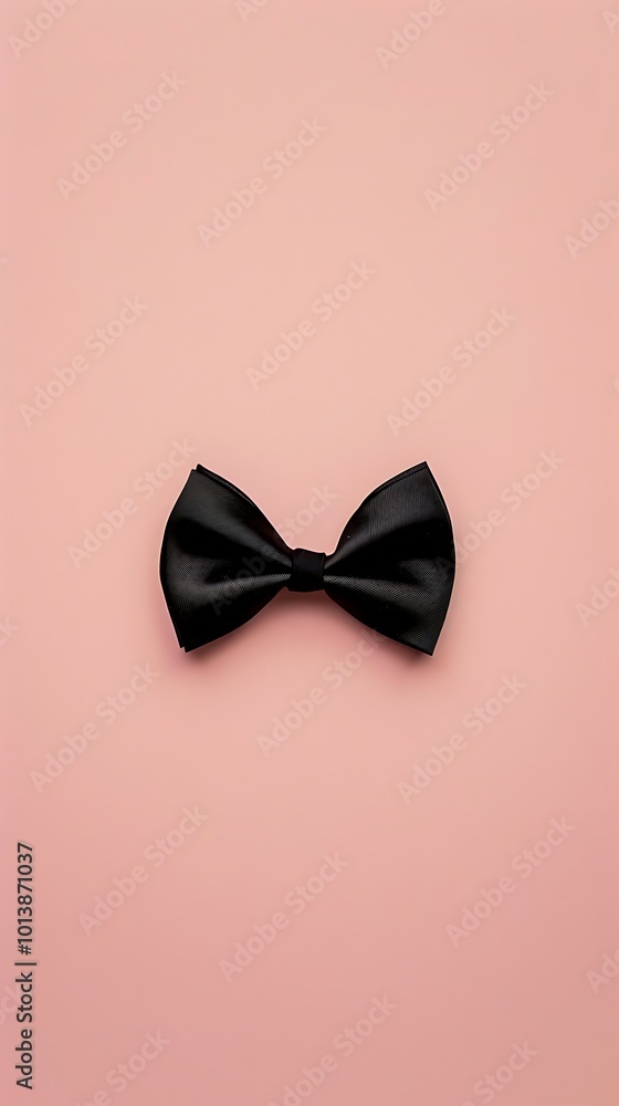 Solid blush pink background with a miniature black bow tie motif in the center Solid blush pink background with a miniature black bow tie motif in the center