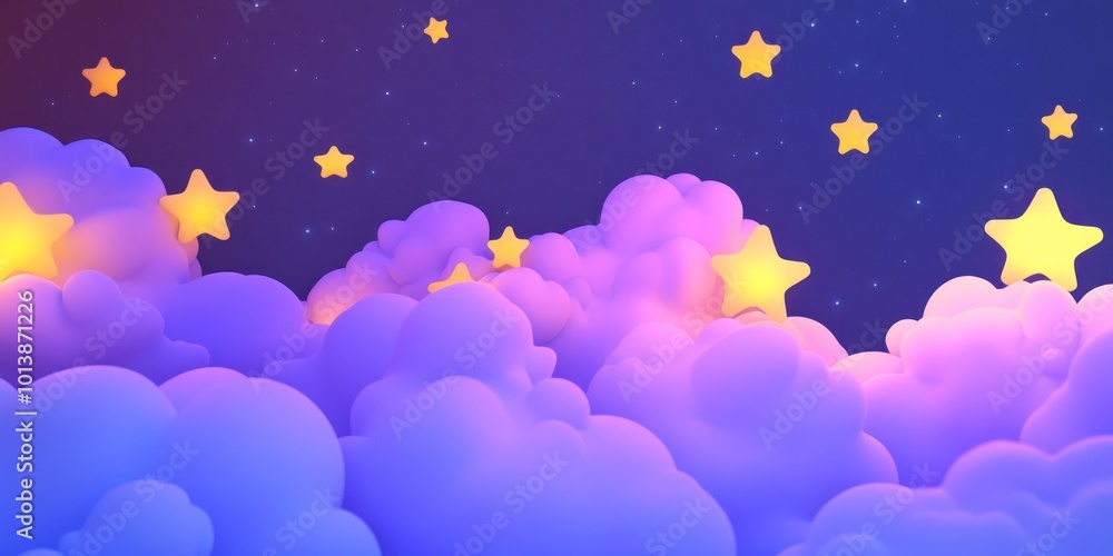A whimsical night sky with fluffy clouds and glowing stars. A whimsical night sky with fluffy clouds and glowing stars.