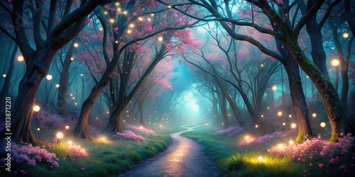 Fototapeta Naklejka Na Ścianę i Meble -  Bioluminescent enchanted forest path with glowing lights and pink blossoms at twilight, in an asymmetrical composition