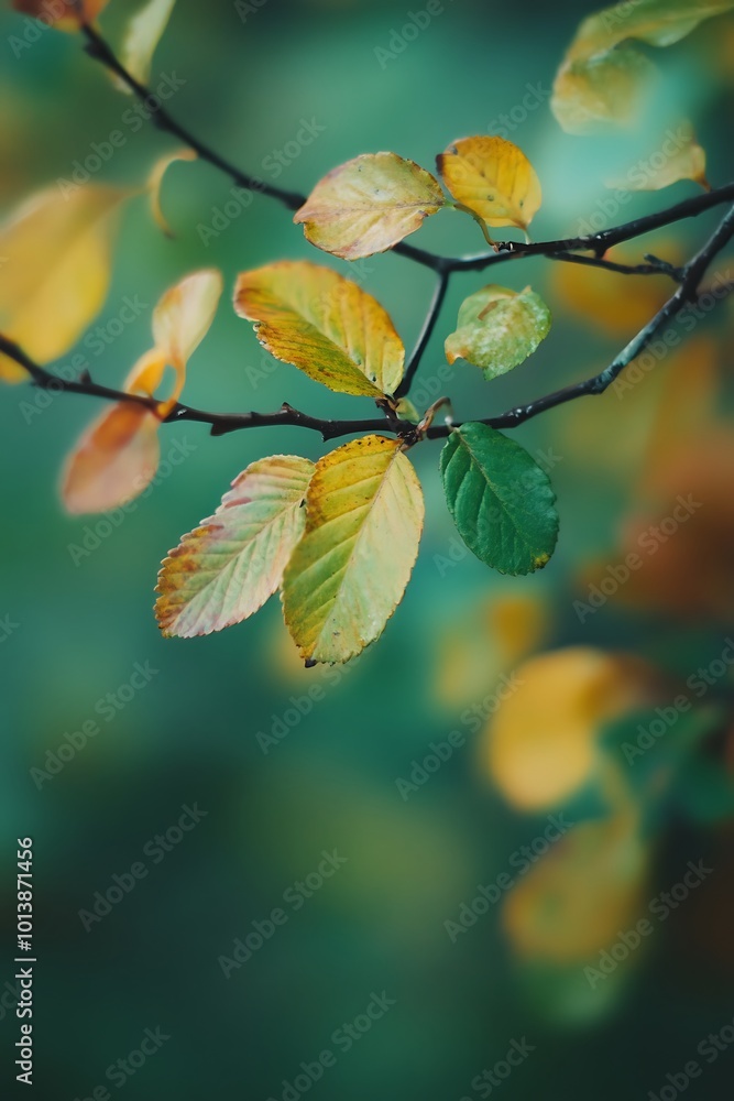 Close up of autumn leaves changing color on a branch Close up of autumn leaves changing color on a branch